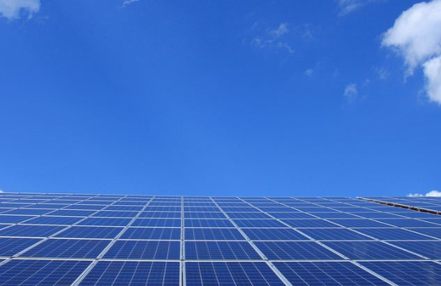 Solar panels under a blue sky in Seychelles