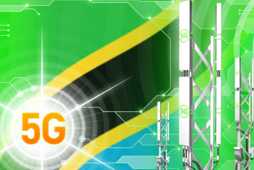 5G network tower with a backdrop of a Tanzanian city or industrial area